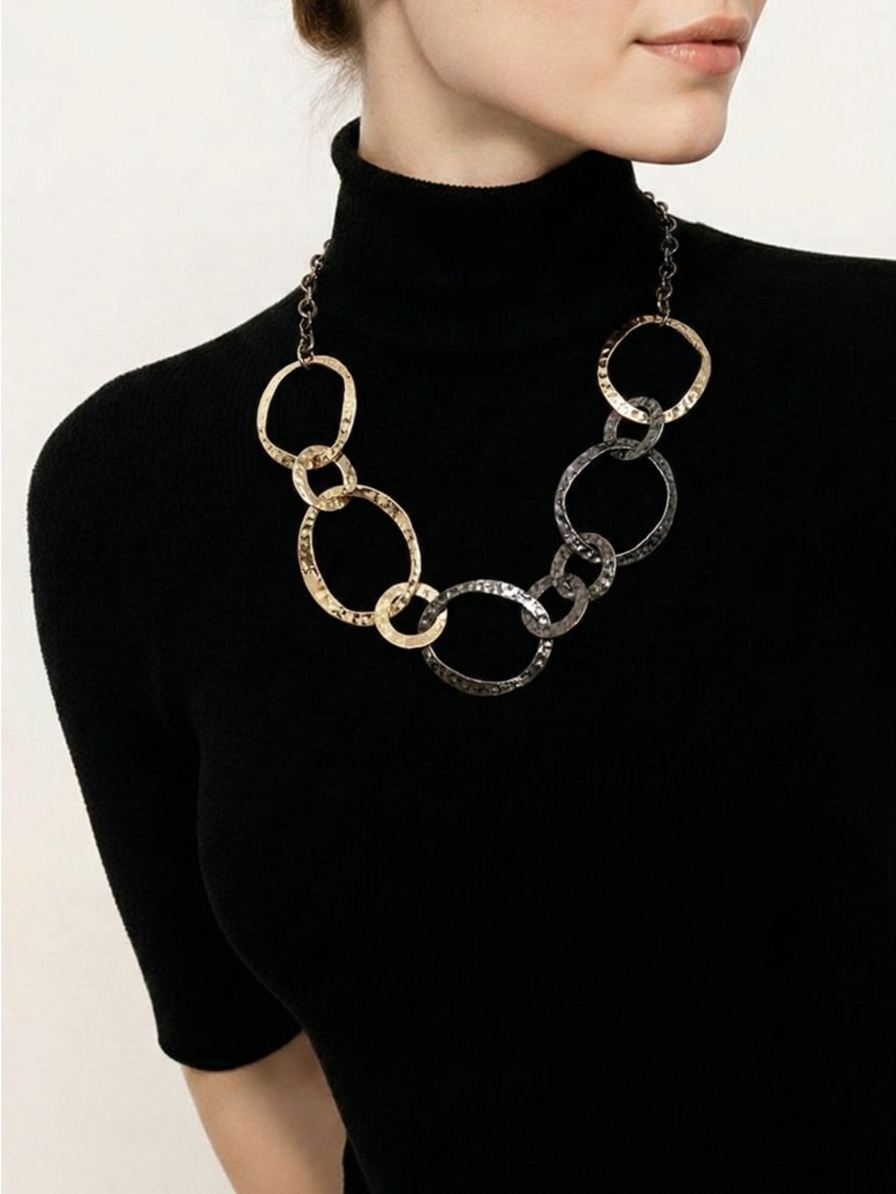 Hammered Chain Link Necklace - Black/Silver Tone